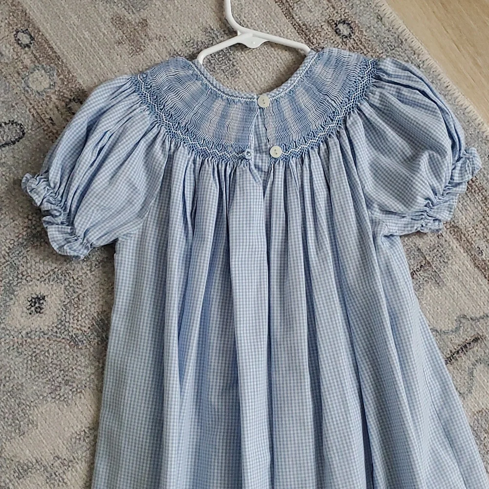 Rosalina Smocked Embroidered Blue Gingham Football Bishop Dress Sz4T